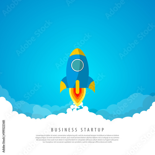 Business startup concept. Rocket in the clouds