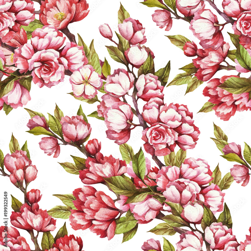 Seamless pattern with cherry blossoms. Watercolor illustration.