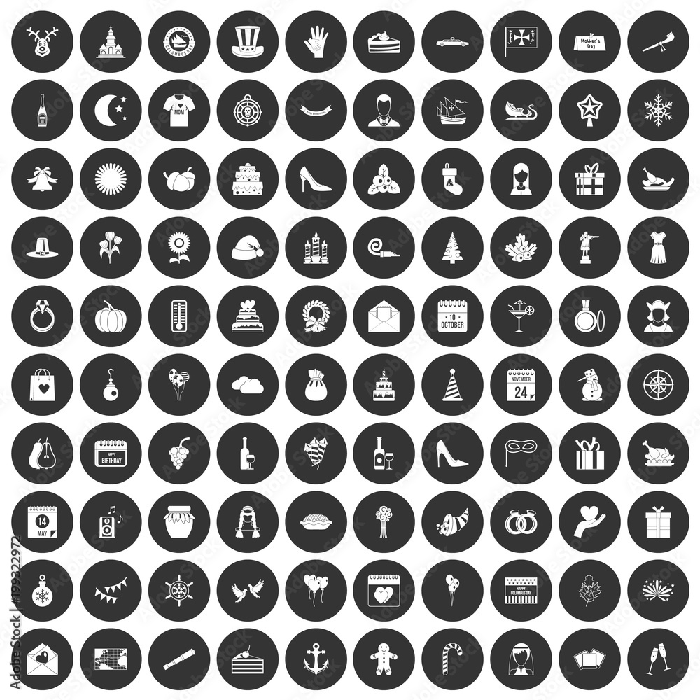 100 festive day icons set black circle 100 festive day icons set black circle