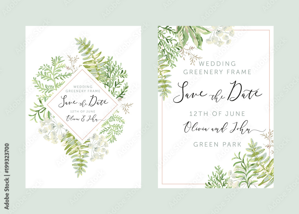 Wedding greenery diamond frame Save the date. Green leaves. Vector illustration. Floral arrangements. Forest foliage. Fern. Design template greeting card. Invitation background.
