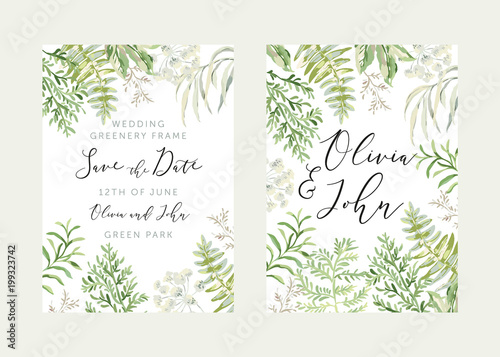 Wedding greenery frame Save the date. Green leaves. Vector illustration. Floral arrangements. Forest foliage. Fern. Design template greeting card. Invitation background.