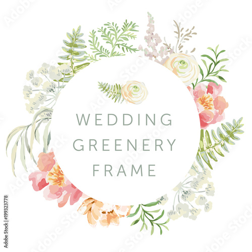 Wedding greenery circle frame with flowers. Pink peony and green leaves. Vector illustration. Floral arrangements. Forest foliage. Fern. Design template greeting card. Invitation background.