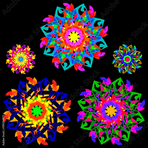 Fototapeta Naklejka Na Ścianę i Meble -  Collection of flowers in a kaleidoscope style with many elements.