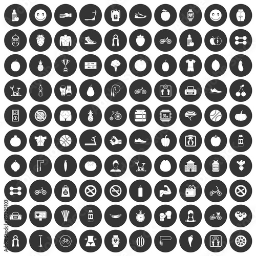 100 fitness icons set black circle