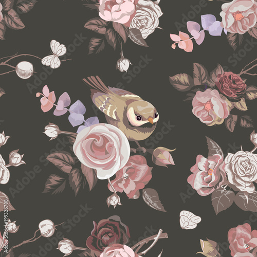Fototapeta Naklejka Na Ścianę i Meble -  Floral seamless pattern with colorfull bunches of roses and cute little bird on background. Vector illustration in retro style for wallpaper, textile print, wrapping paper