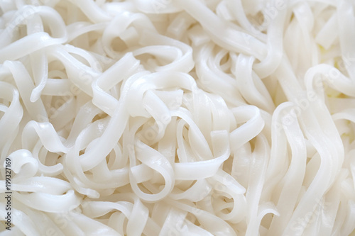 Boiled rice noodles, close up image.
