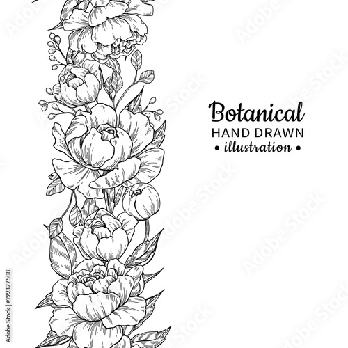 Floral seamless vintage border. Vector peony and roses botanical