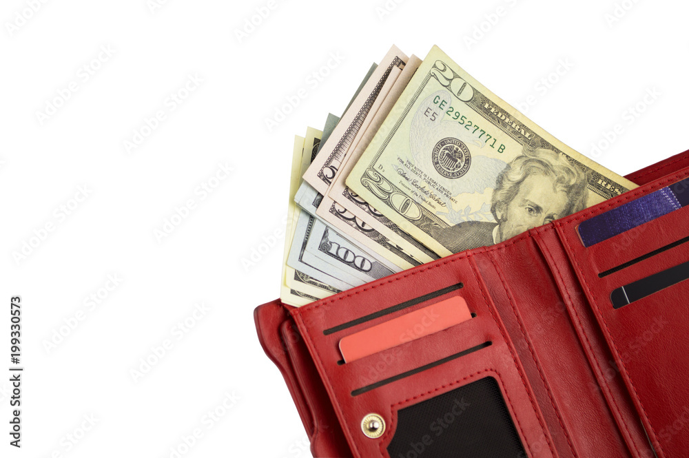 red purse with a bundle of dollar bills red purse with a bundle of dollar bills