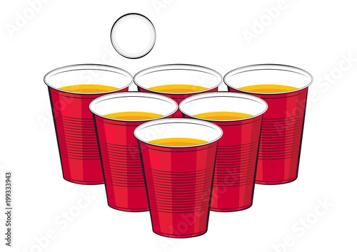 Vector red plastic cups of beer and ping pong ball.