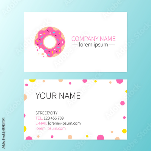 Vector sweet business card donut cafe, shop or bakery. Corporate identity template.