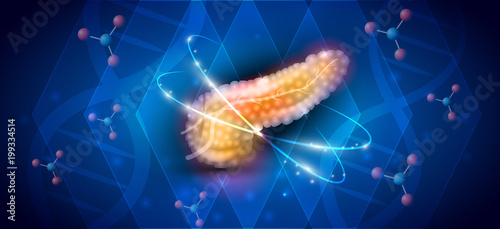 Pancreas anatomy illustration on an abstract scientific blue background