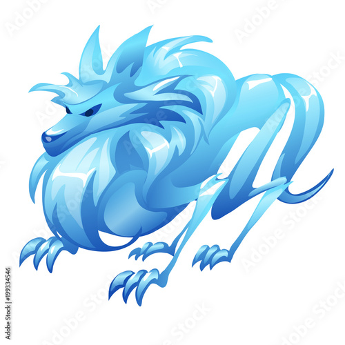Stylized wolf figure made of ice. Blue image of mythical animal for decoration. Image in cartoon style for games and other design needs. Vector illustration isolated on white