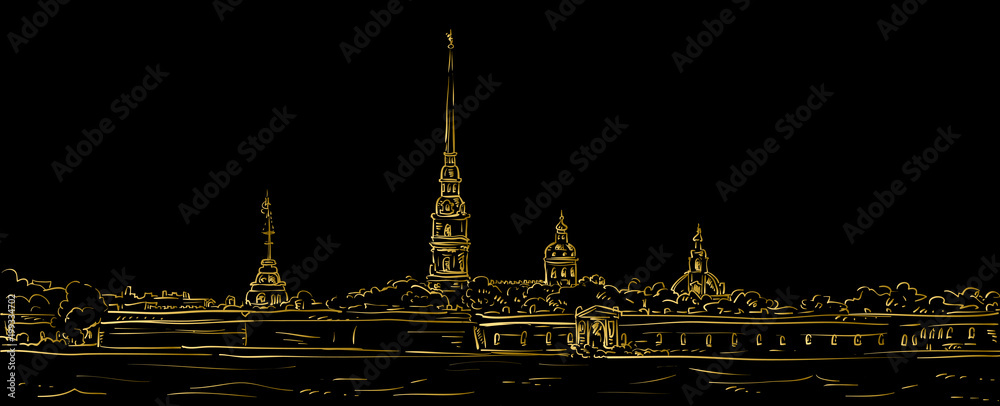 Peter and Paul Fortress. Symbol of Saint Petersburg, Russia. Hand drawn vector illustration. Gold outline.