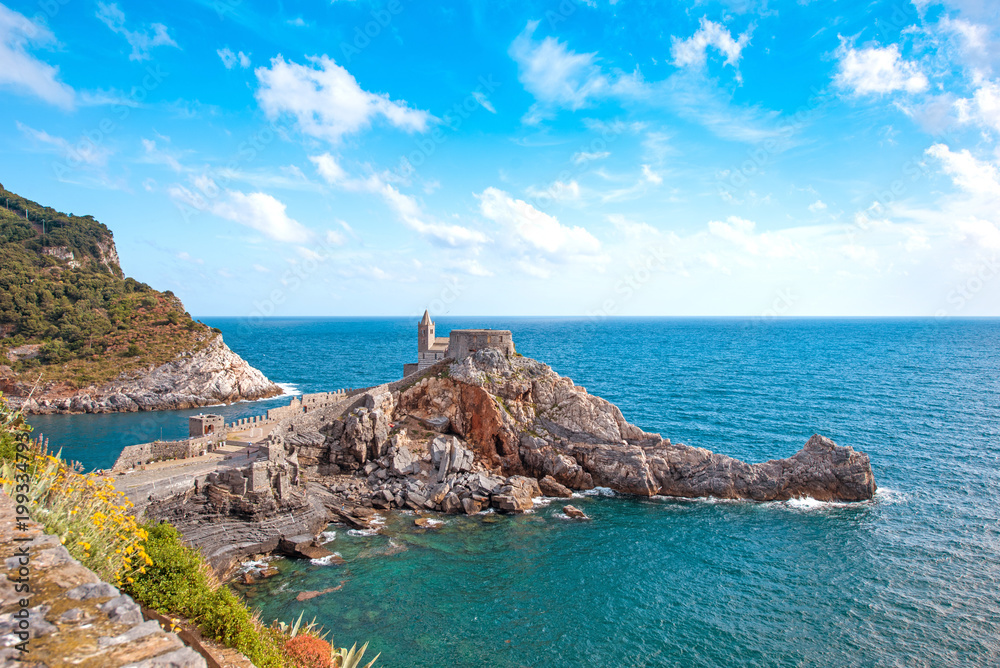 Charming, beautiful view overlooking the sea and gothic Church of St. Peter in Porto Venere, Liguria, Italy
