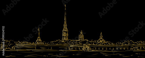 Peter and Paul Fortress. Symbol of Saint Petersburg, Russia. Hand drawn vector illustration. Gold outline.