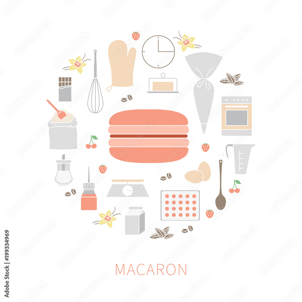 Vector set of ingredients and tools for cooking French pastry macaron.