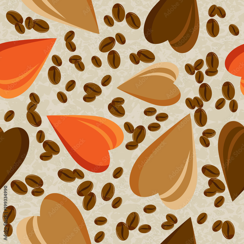 Hearts and coffee beans on a light background. seamless texture . Fabric, menu, cafeteria.