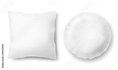 Vector 3d realistic comfortable pillows - square, round. Template, mock up of white fluffy cushion for relaxation, sleep, nap, bedding, rest. photo