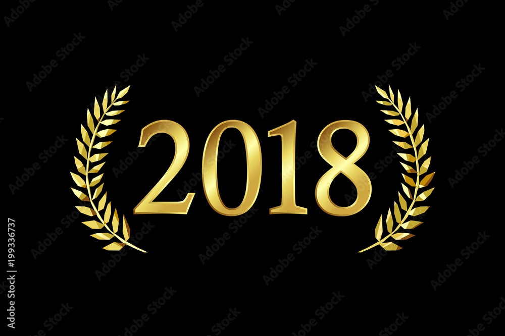 Obraz premium 2018 A Happy New Year, merry xmas greetings with palms framed. Luxurious isolated golden round awards sign 20, 1, 8, 18, 21 and 28 numbers. Stained glass branches template on dark black background.