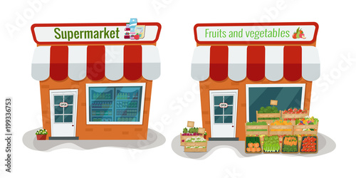 Fototapeta Naklejka Na Ścianę i Meble -  Vector illustration of supermarket and fruits and vegetables store. Flat design.
