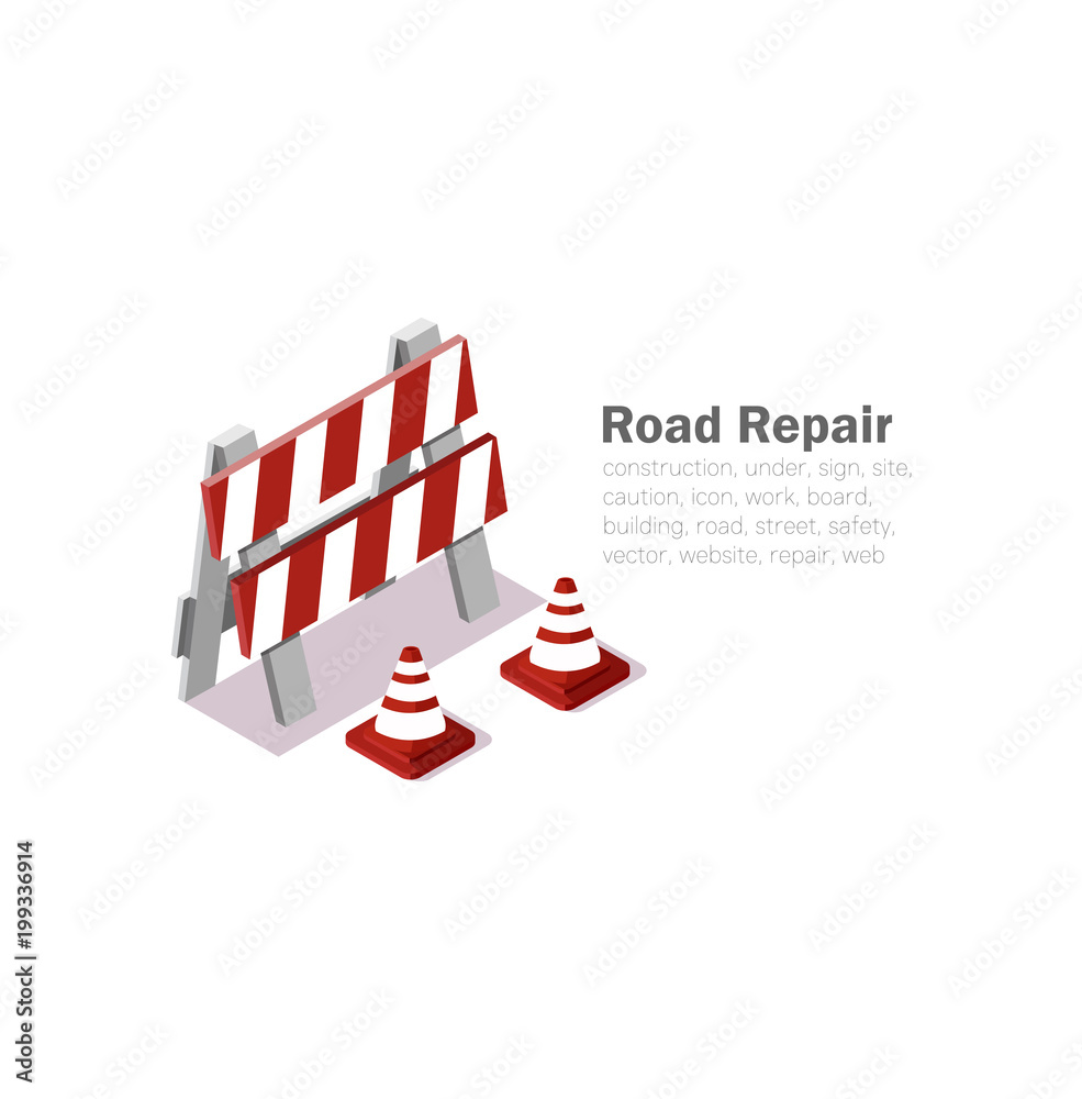 road repair, vector illustration on white background, isometric 3d signs, pattern reconstruction, vector cones, low poly. road repair, vector illustration on white background, isometric 3d signs, pattern reconstruction, vector cones, low poly.