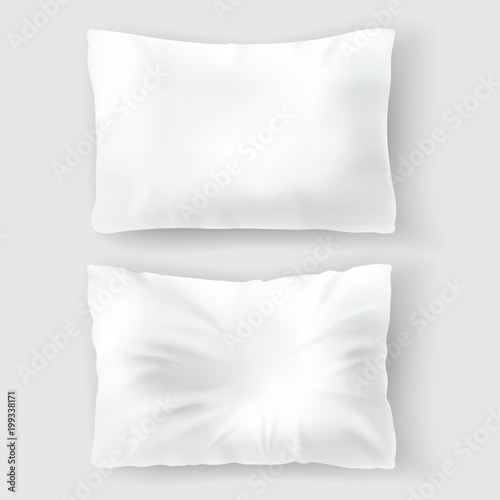 Vector realistic set with blank white pillows, comfortable, soft, clean and crumpled, top view isolated on background. Object for sweet dreams in bedroom, mockup with cushions for brand advertising