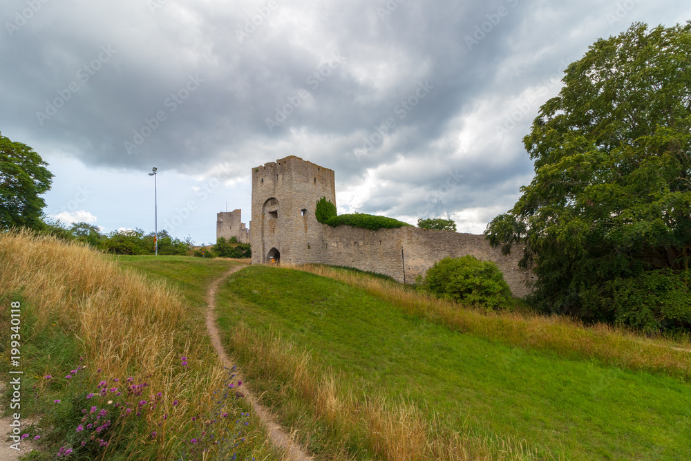 The Visby city wall on the island of Gotland in Sweden. It is the strongest, most extensive, and best preserved medieval city wall in Scandinavia. 
