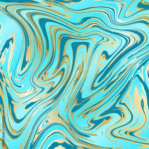 Abstract background, vector marble texture imitation. Marbleized pattern vector. Wedding invitation template with liquid ink background. Turquoise teal blue and gold streaks marble texture effect.