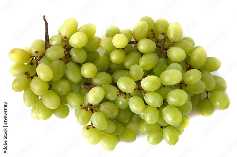 Fresh green grapes isolated on white background, bunch of grapes. Vegetarian Concept, Organic Vitamins. Organic and Benefit Fruit.	