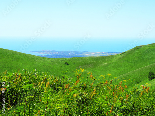 Summer green meadow in the mountains. Beautiful sea view landscape  tourism. Fresh wild green rural meadows on a sunny day with blue cloudless clear sky. Scenery view ocean