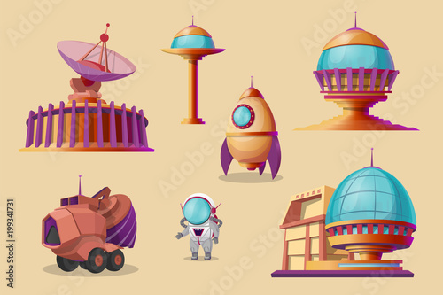 Vector mars colonization cartoon set. Spaceship, shuttle, rocket, mars rover - bulldozer, different bases, colony buildings. Futuristic technology, sci-fi construction, exploration of space