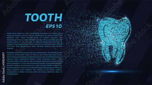 The tooth of the particles. The tooth crumbles into small circles and dots. Vector illustration