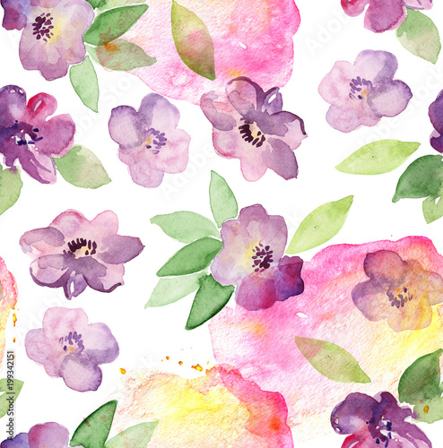 Wallpaper Mural Floral seamless pattern. Watercolor painted flowers with leaves. Hand drawn flowers. Torontodigital.ca