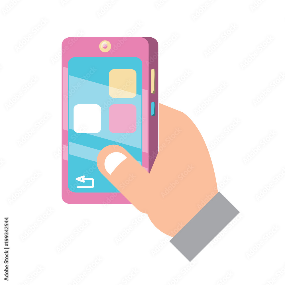 hand with smartphone device icon over white background, vector illustration