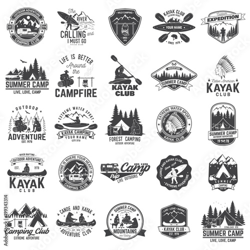 Set of canoe, kayak and camping club badge