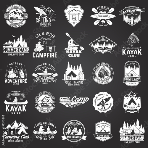 Set of canoe, kayak and camping club badge