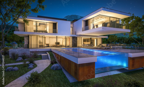 3d rendering of modern house by the river at night