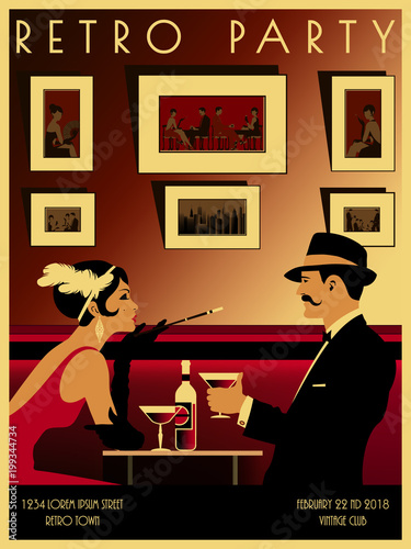 Couple in a restaurant in the style of the early 20th century. Retro party invitation card. Handmade drawing vector illustration. Art Deco style.
