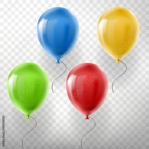 Vector set of realistic flying helium balloons, multicolored, red, yellow, green and blue, isolated on transparent background. Clipart with decorative objects for holidays, birthday, parties, events