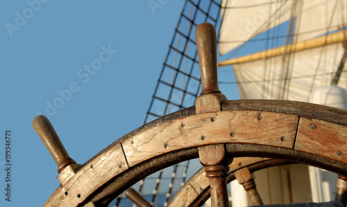 Steering wheel of a sailing ship . Sailing. Yachting