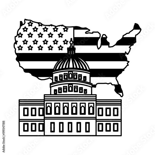 united states capitol building in washington flag on map vector illustration black and white