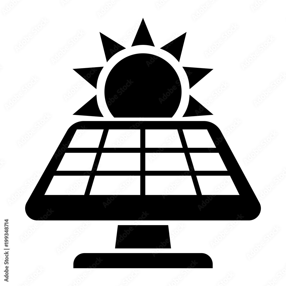 Simple, black and white solar panel icon (with a sun). Solar energy