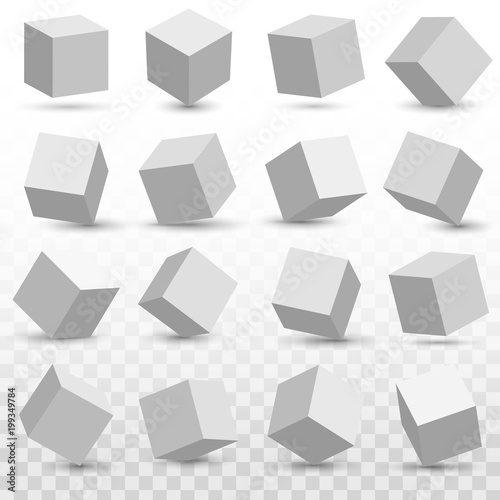 Creative vector illustration of perspective projections 3d cube model icons set with a shadow isolated on transparent background. Art design geometric surfac rotate. Abstract concept graphic element