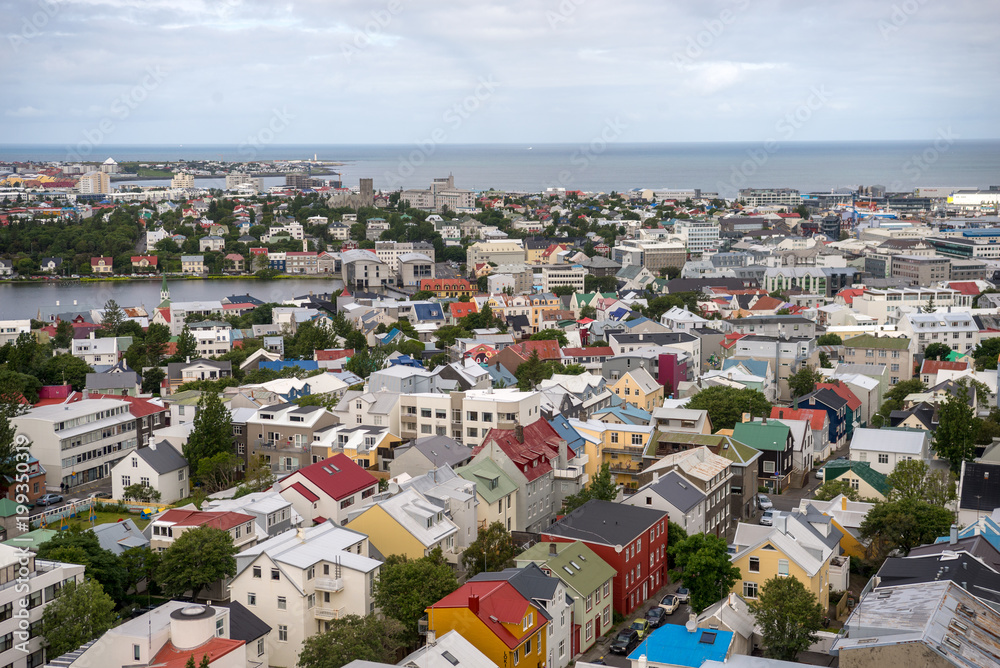  Aerial view of Reykjavik town centre in Iceland, from the Hallgrímskirkja Church.