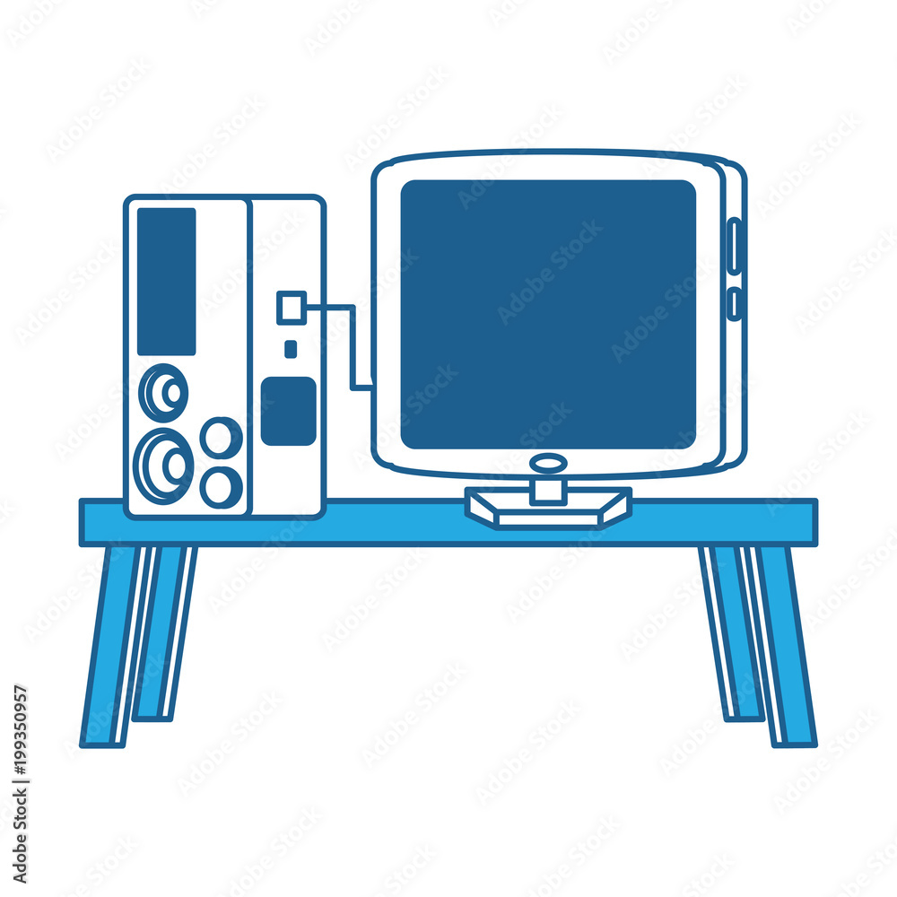 desk with videogame connected to computer over white background, vector illustration desk with videogame connected to computer over white background, vector illustration