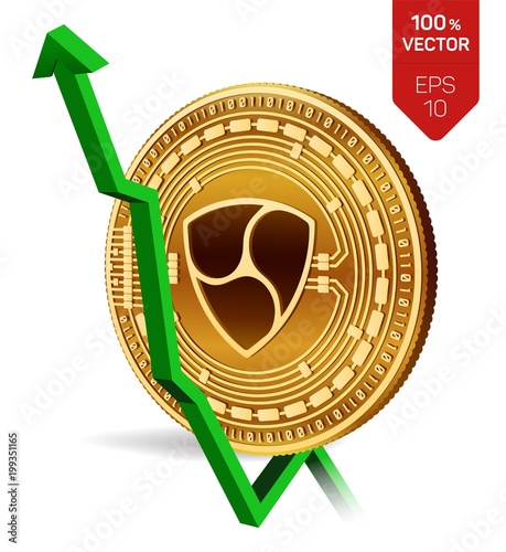Nem. Growth. Green arrow up. Nem index rating go up on exchange market. Crypto currency. 3D isometric Physical Golden coin isolated on white background. Vector illustration.