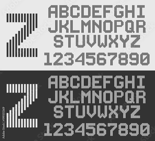zebra font with vertical stripes, retro style line alphabet