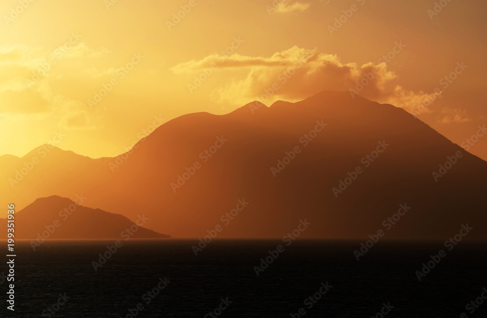 golden sunlight over mountains and sea, St. Croix, U.S. Virgin Islands,Lesser Antilles, Caribbean