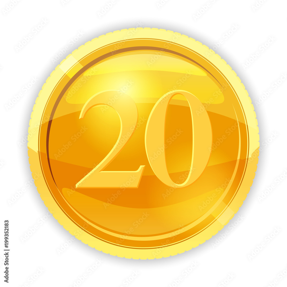Gold coin, value 20, vector, illustration, cartoon style, isolated