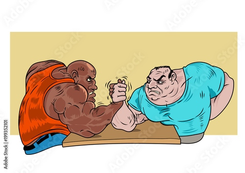Two guys practicing arm wrestling. Vector Illustration